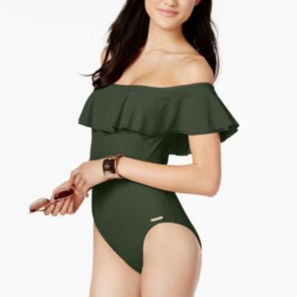 Michael Kors Off-the-Shoulder Ruffle One-Piece Swimsuit Size 6
